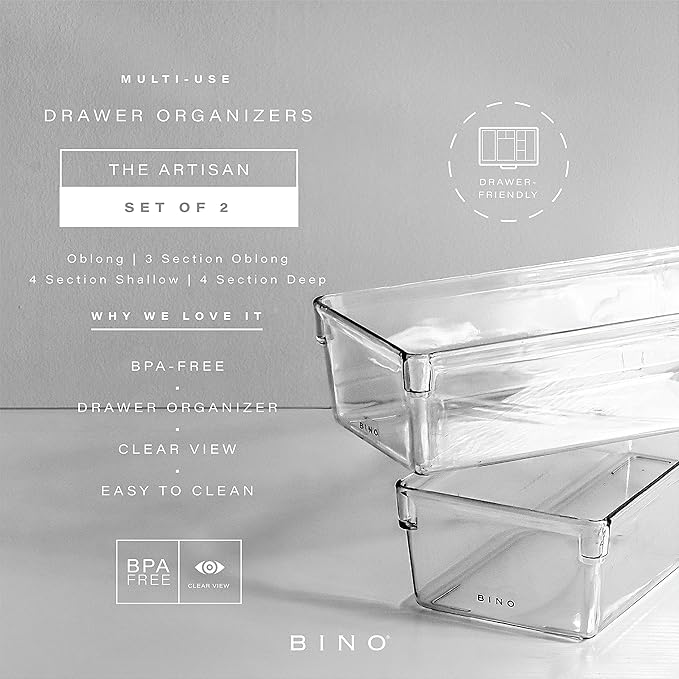 BINO | Oblong Plastic Drawer Organizer Bin, 2-Pack | THE ARTISAN COLLECTION | Multi-Purpose | Durable | BPA-Free | Desk, Vanity, Bathroom & Makeup Drawer Organizer