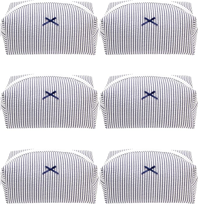 Cozy Makeup Bag for Women,Zipper Cosmetic Pouch,Stripe Navy Blue,6 Pack