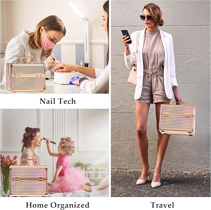 GALHUBIS Makeup Case Organizer,Makeup Train Case, Trays Cosmetic Box Portable, Profesional for Salon Barber, Colorful Pink