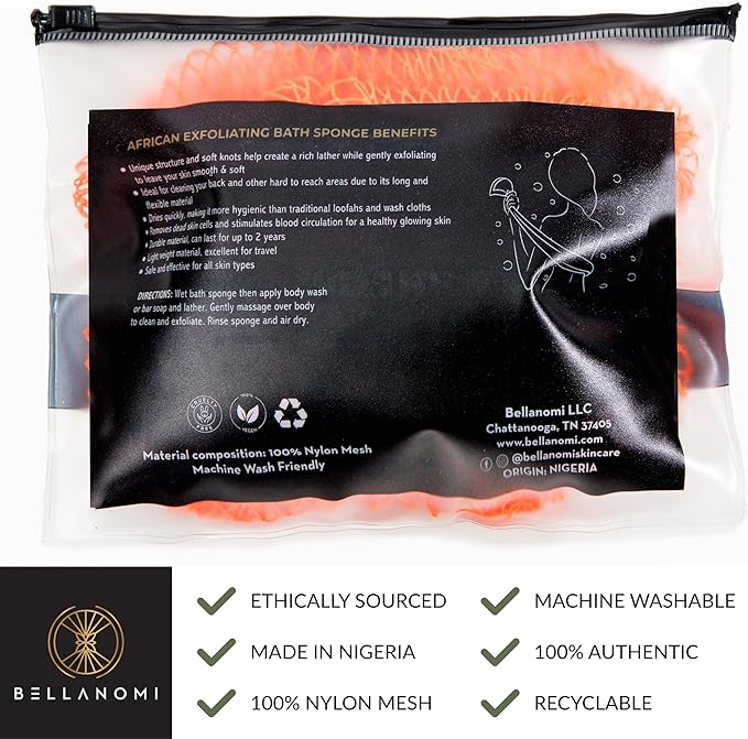 BELLANOMI African Exfoliating Net Sponge, Authentic, Ethically sourced from Nigeria, 45 inches Long, Back Scrubber for Daily use (Orange)