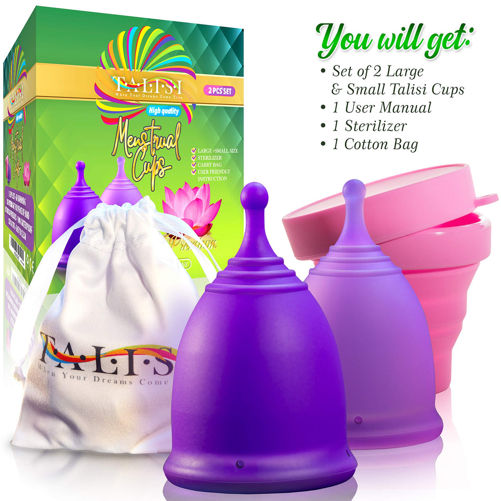 Talisi Reusable Menstrual Cup (Small & Large) Set of 2 with Foldable Silicone Sterilizer, Copa Menstruelle, Soft Period Cup, Heavy & Light Flow, Feminine Hygiene, Tampons, Pads & Disc Alternative