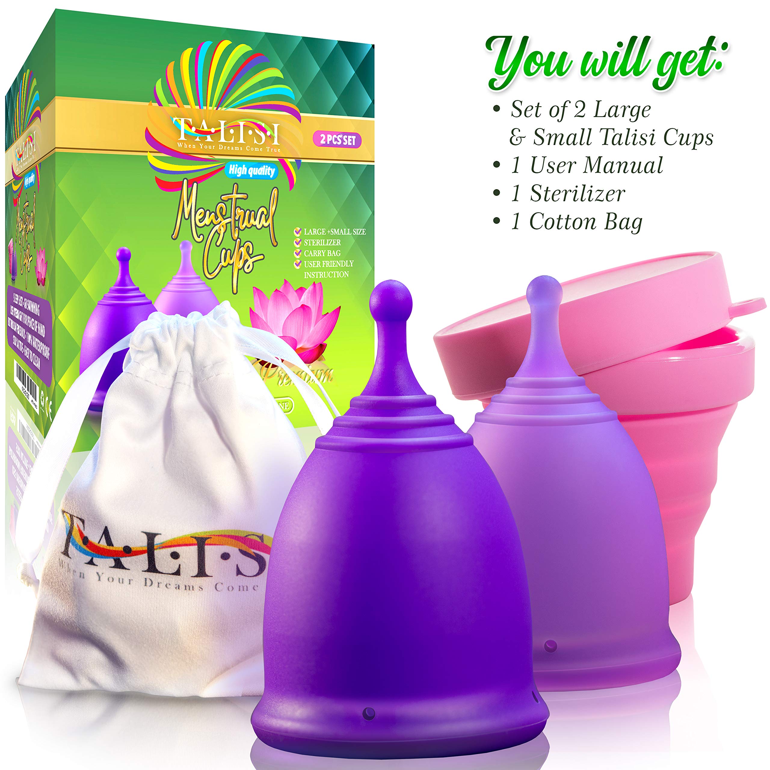 Talisi Reusable Menstrual Cup (Small & Large) Set of 2 with Foldable Silicone Sterilizer, Copa Menstruelle, Soft Period Cup, Heavy & Light Flow, Feminine Hygiene, Tampons, Pads & Disc Alternative