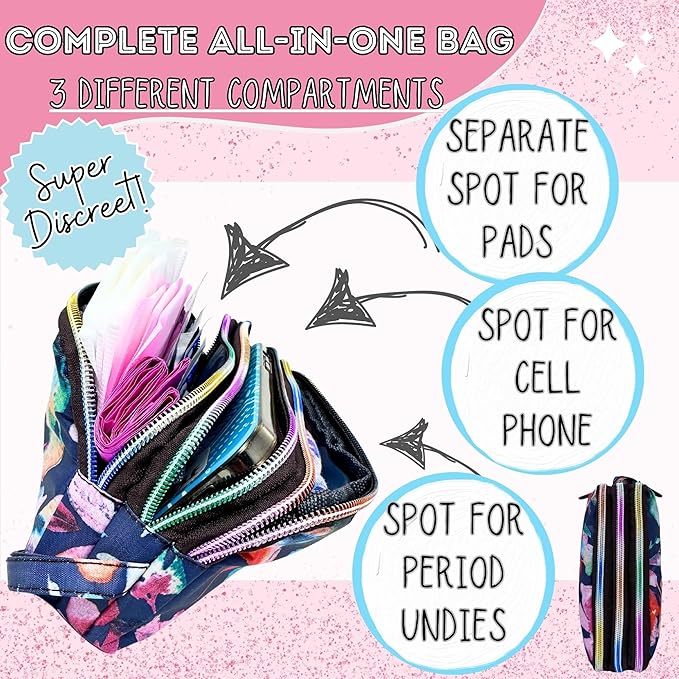 First Period Pal Pack to-Go Kit | 24 pcs | First Period Kit for Tweens | Teen Period Kit| Discrete Period Bag, Pads, Panty Liners, Period Kits for Tweens 10-12 (Gentle Flowers)