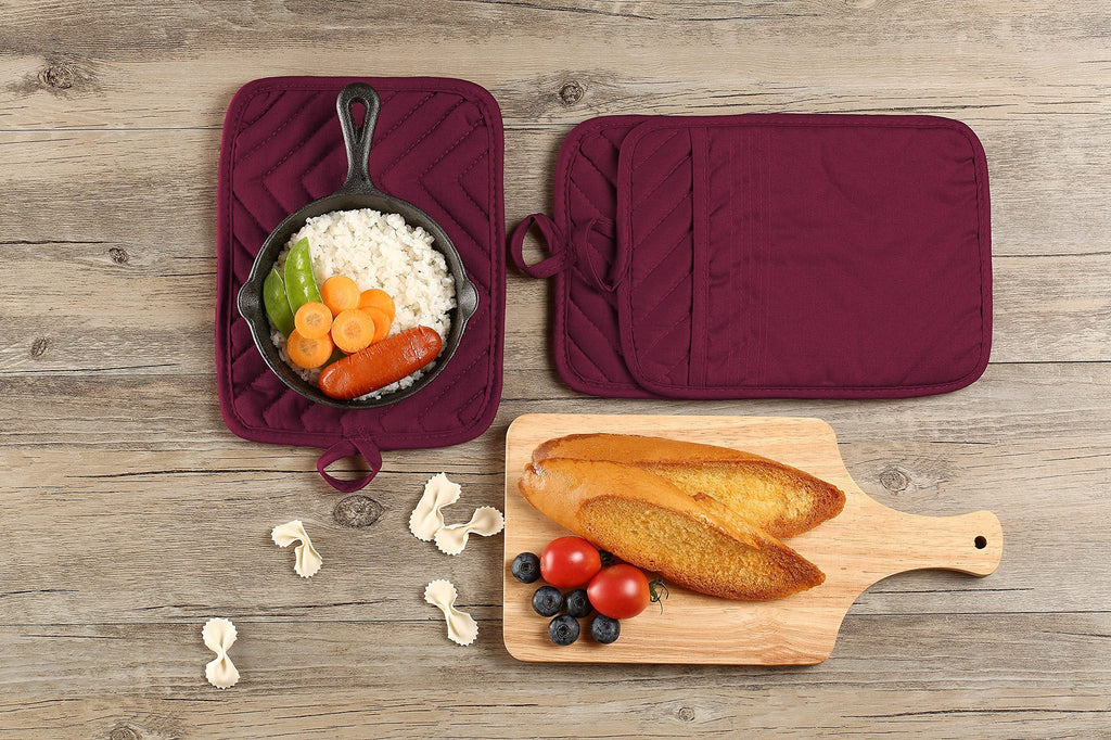 VEIKERY Oven Pot Holder with Pocket Cotton Heat Resistant Coaster Potholder Kitchen Hot Pad Oven Mitts for Cooking Square 7"x9"Set of 5 (Burgundy red, 5)