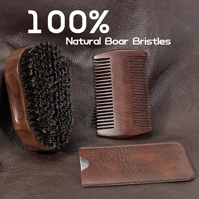 GROOMAGE 3PCS Beard Brush Comb Set for Men, Black Walnut Wood Dual Beard Comb & Case, Men's Natural Wooden Mustache Brush Kit - Medium Hardness