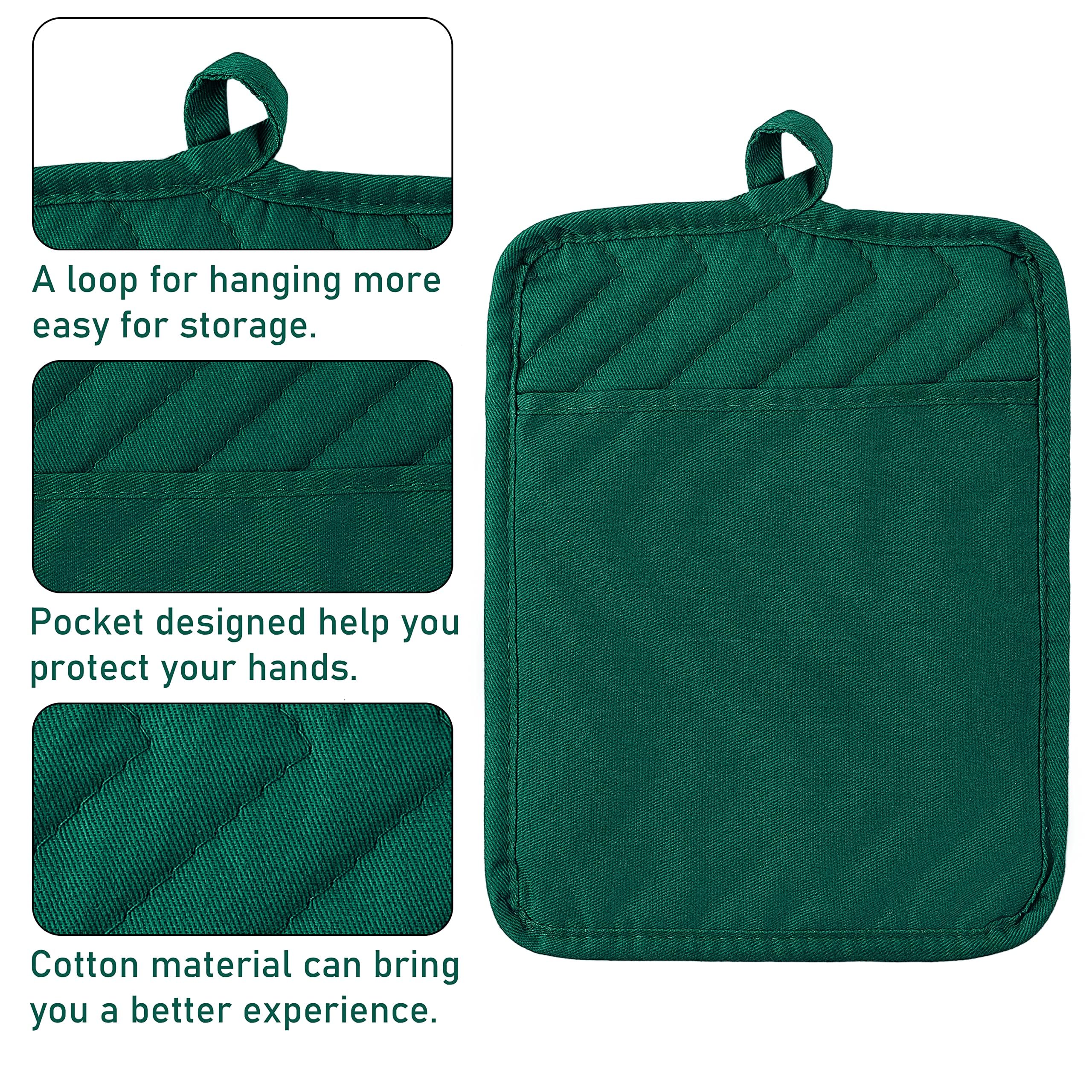 GROBRO7 5Pack Pocket Pot Holders Cotton Heat Resistant Potholder Multipurpose Hot Pads Machine Washable Oven Mitts Heat Pads for Daily Kitchen Baking and Cooking 8.9 x 6.9 in Dark Green