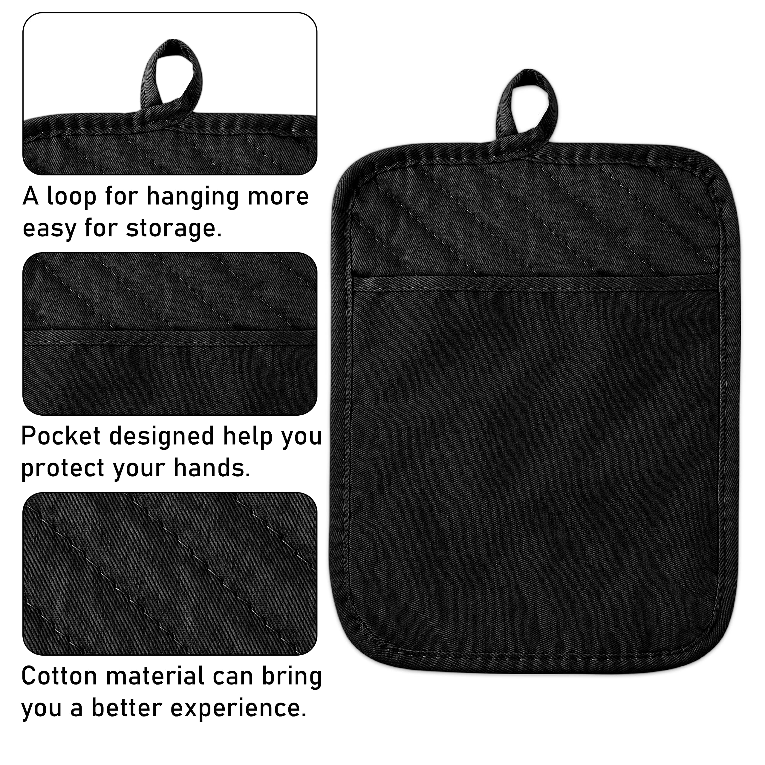 GROBRO7 5Pack Pot Holders for Kitchen Heat Resistant Cotton Potholder Multipurpose Hot Pad Machine Washable Oven Mitts with Pocket Potholders for Baking and Cooking 8.9 x 6.9 in Gray Black