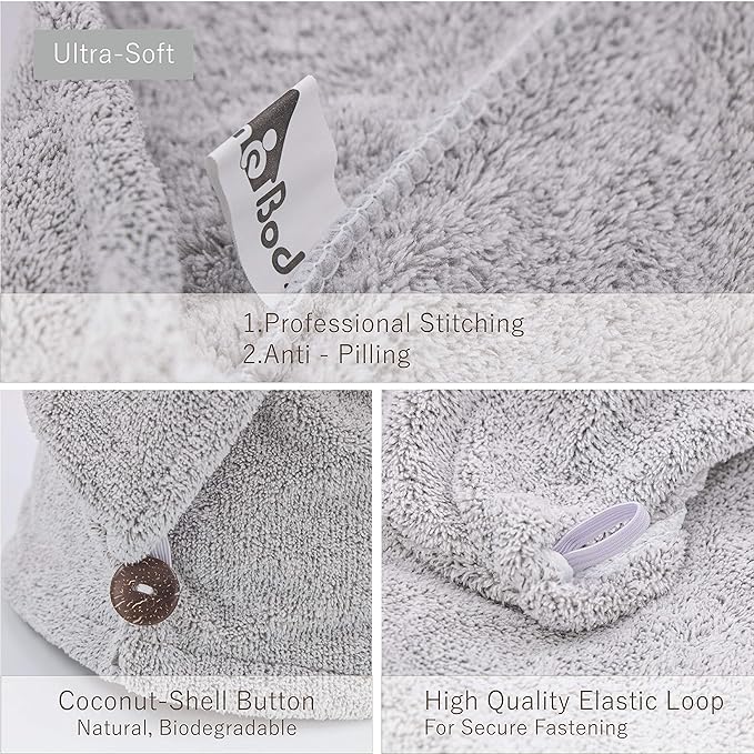 myHomeBody Hair Towel Wrap, Quick Drying Turban, Absorbent Cap – Gray