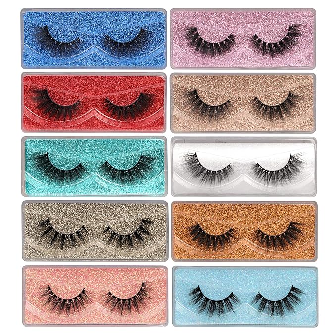 False Eyelashes Wispy 18 mm Natural 3D Faux Mink Lashes Pack 10 Pairs 10 Styles Mixed Soft Reusable Fake Eyelashes Bulk with Glitter Portable Boxes
