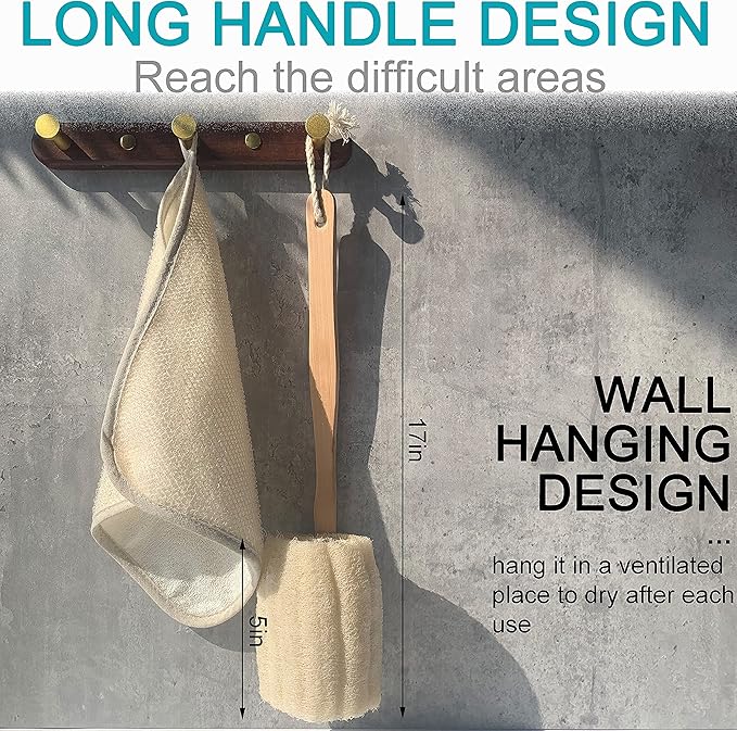 Natural Exfoliating Loofah luffa loofa Bath Brush On a Stick - with Long Wooden Handle Back Brush for Men & Women - Shower Sponge Body Back Scrubber Pack of 1