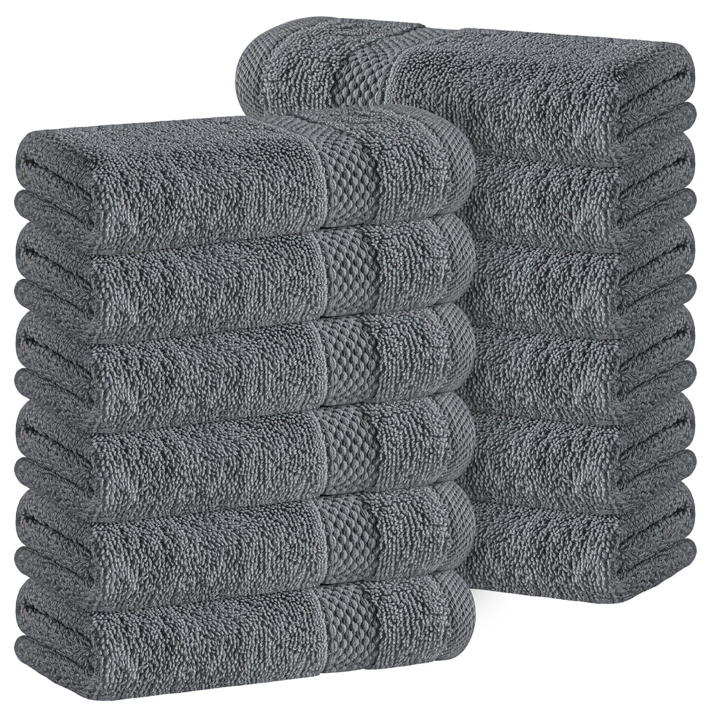 White Classic Luxury Cotton Washcloths 13x13 Inch - 650 GSM Turkish Cotton | Hotel, Spa, Bathroom Face Towel | 12 Pack, Dark Gray