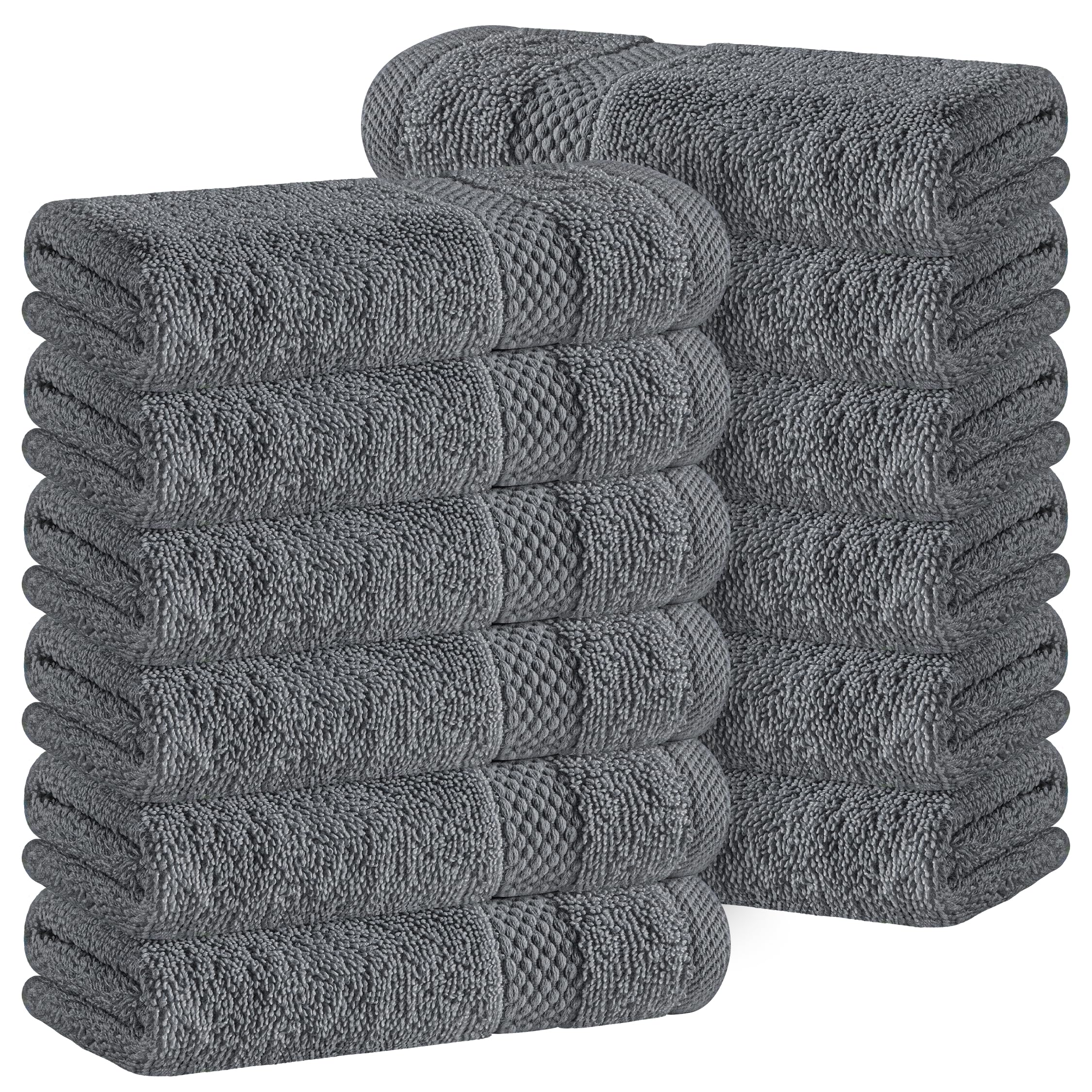 White Classic Luxury Cotton Washcloths 13x13 Inch - 650 GSM Turkish Cotton | Hotel, Spa, Bathroom Face Towel | 12 Pack, Dark Gray