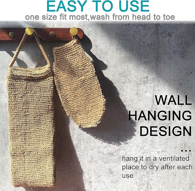 2 pcs/Set Large Natural Exfoliating Hemp Back Scrubber for Shower for Men and Women - Rub Glove Mitt Mitten - Deep Clean & Invigorate Your Skin - Machine Wash and Dry - Double Sided Available