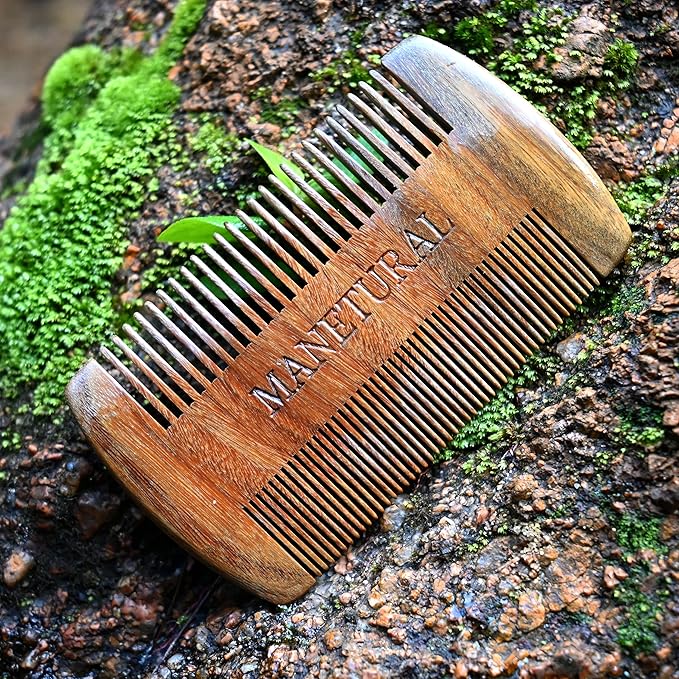 MANETURAL Premium Sandalwood Dual-Action Comb - Double-Tooth Design for Men's Fine & Wide Hair, Mustache Comb, Protective PU Leather Case