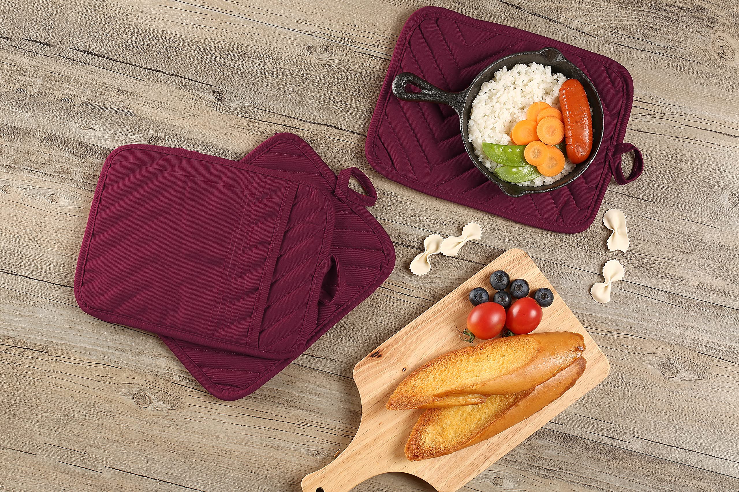 VEIKERY Oven Pot Holder with Pocket Cotton Heat Resistant Coaster Potholder Kitchen Hot Pad Oven Mitts for Cooking Square 7"x9"Set of 5 (Burgundy red, 5)