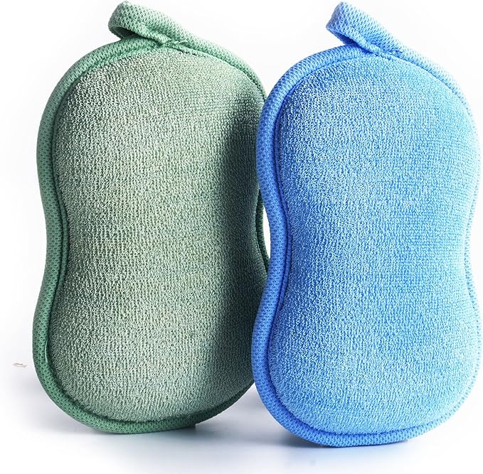 BabaMate Baby Bath Sponge - Ultra Soft Baby Sponge for Bathing - Kids Bath Sponges for Infants, Toddler Bath Time, 2 Count (1 Pack) - Green Blue