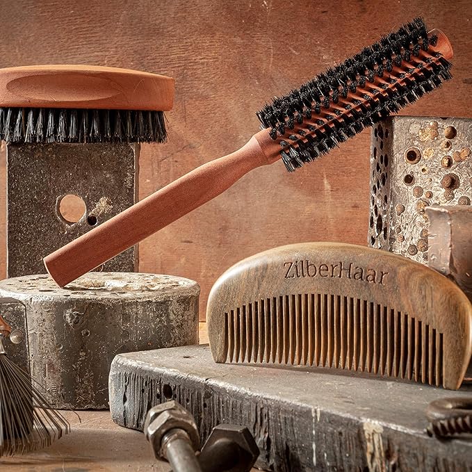 ZilberHaar - Styler Hair and Beard Round Brush - 1.3 Inch Stiff Boar Bristles and 8.5 Inch Pearwood Handle - 222 Plugs of Bristles - Beard Grooming Brush for Men