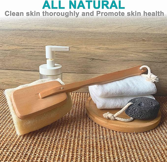 Natural Exfoliating Loofah luffa loofa Bath Brush On a Stick - with Long Wooden Handle Back Brush for Men & Women - Shower Sponge Body Back Scrubber Pack of 1