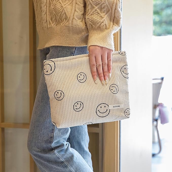 Makeup Bag For Women - Corduroy Cosmetic Bags Aesthetic Design Ladies Tote pouch Women's Pencil Case,Cute Smiley Face Makeup Organizer with Zipper (Beige)