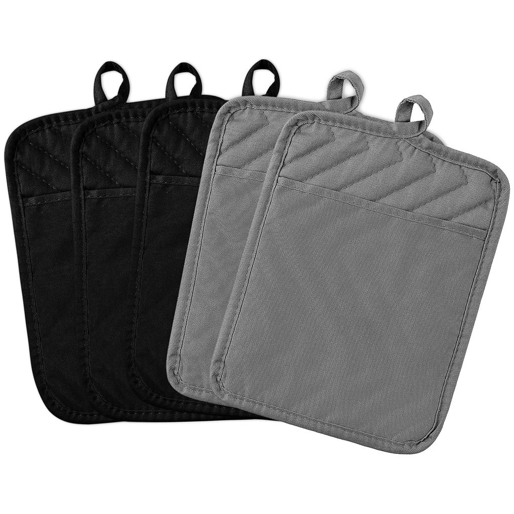 GROBRO7 5Pack Pot Holders for Kitchen Heat Resistant Cotton Potholder Multipurpose Hot Pad Machine Washable Oven Mitts with Pocket Potholders for Baking and Cooking 8.9 x 6.9 in Gray Black