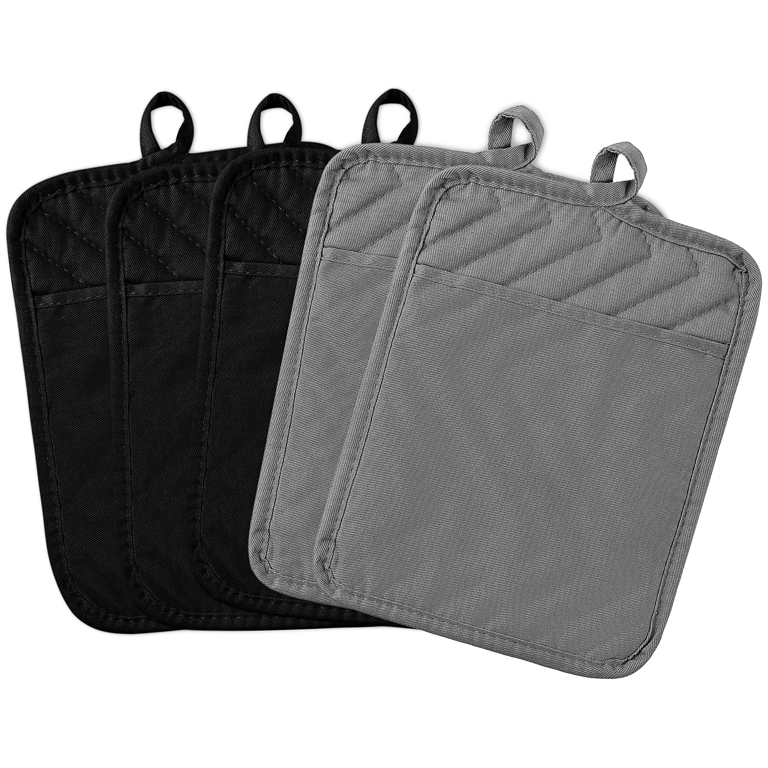 GROBRO7 5Pack Pot Holders for Kitchen Heat Resistant Cotton Potholder Multipurpose Hot Pad Machine Washable Oven Mitts with Pocket Potholders for Baking and Cooking 8.9 x 6.9 in Gray Black