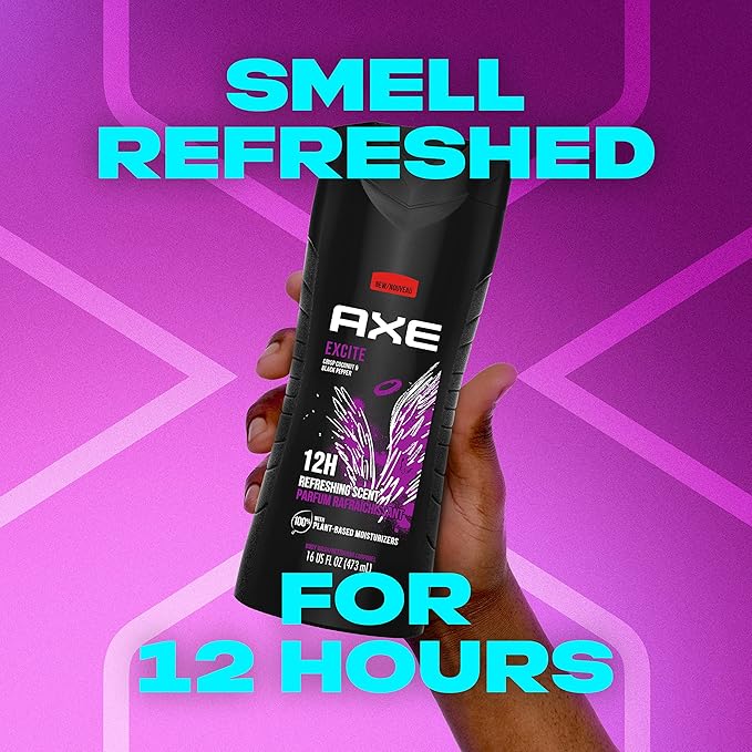 AXE Crisp Coconut & Black Pepper Body Wash 4 Count 12h Refreshing Scent Excite Men's Body Wash with 100% Plant-Based Moisturizers 16 oz