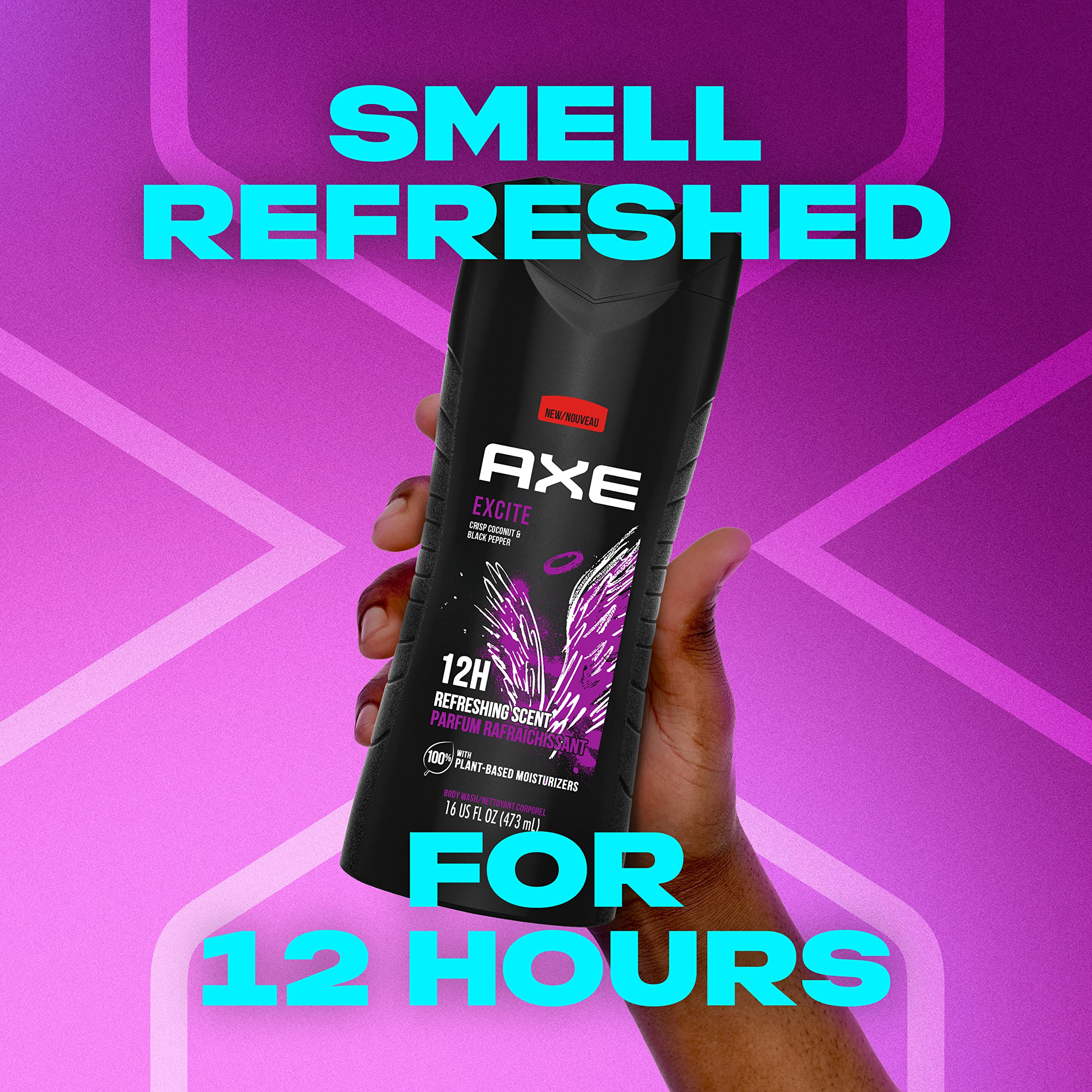AXE Crisp Coconut & Black Pepper Body Wash 4 Count 12h Refreshing Scent Excite Men's Body Wash with 100% Plant-Based Moisturizers 16 oz