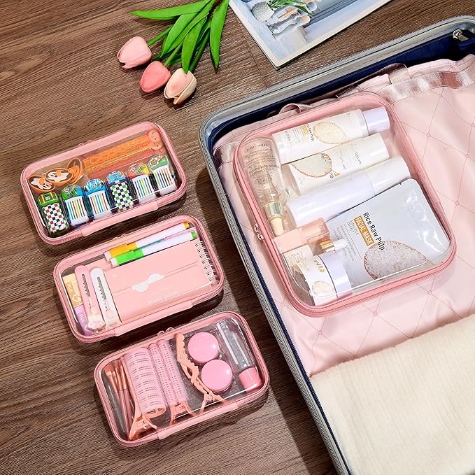 WELPIRT 4 pcs Clear Zipper Pouches,Hard Shell Zipper Case, Toiletry Bag for Travel, CLear Diaper Bag, Toiletry Pouch, Travel Organizer, Cosmetic Bag,Toy Storage Bins (M+3S) (Light Pink)