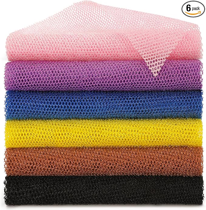 BHYTAKI 6 Pieces African Net Sponge African Exfoliating Net Long African Bath Sponge Washcloth Shower Net African Body Scrubber Net for Skin Smoother Daily Use(Pink,Yellow,Purple,Black,Blue,Brown)