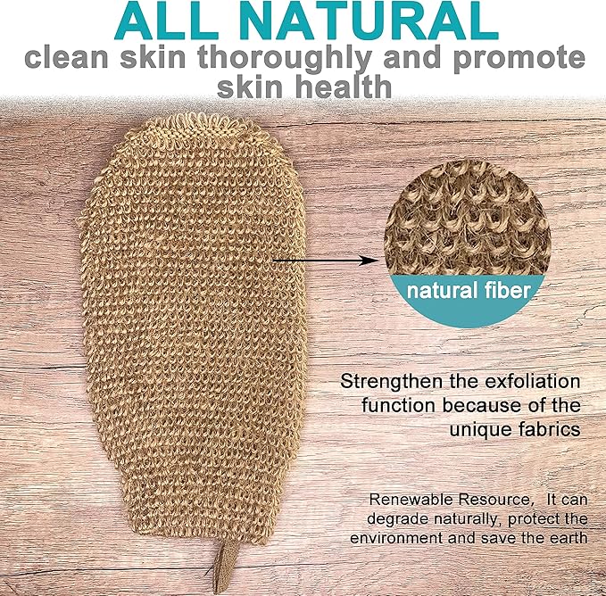 2 pcs/Set Large Natural Exfoliating Hemp Back Scrubber for Shower for Men and Women - Rub Glove Mitt Mitten - Deep Clean & Invigorate Your Skin - Machine Wash and Dry - Double Sided Available