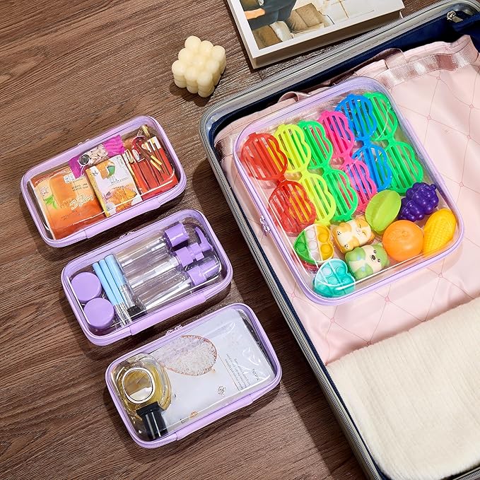 WELPIRT 4 pcs Clear Zipper Pouches,Hard Shell Zipper Case, Toiletry Bag for Travel, CLear Diaper Bag, Toiletry Pouch, Travel Organizer, Cosmetic Bag,Toy Storage Bins (M+3S) (Lavender)