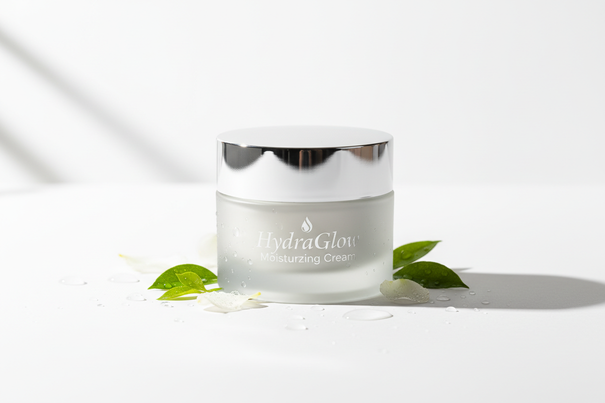 HydraGlow Moisturizing Cream – A lightweight, fast-absorbing moisturizer that hydrates and nourishes skin all day, leaving it soft, smooth, and radiant. Perfect for all skin types. (make it real photo)'