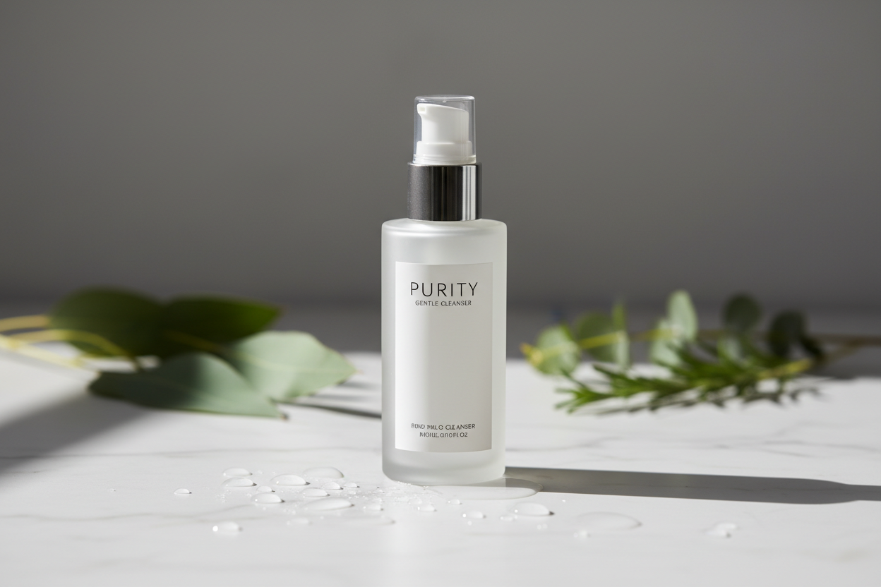 Purity Gentle Cleanser – A sulfate-free cleanser that removes impurities without stripping natural oils, keeping your skin clean, calm, and balanced. (make it real photo)