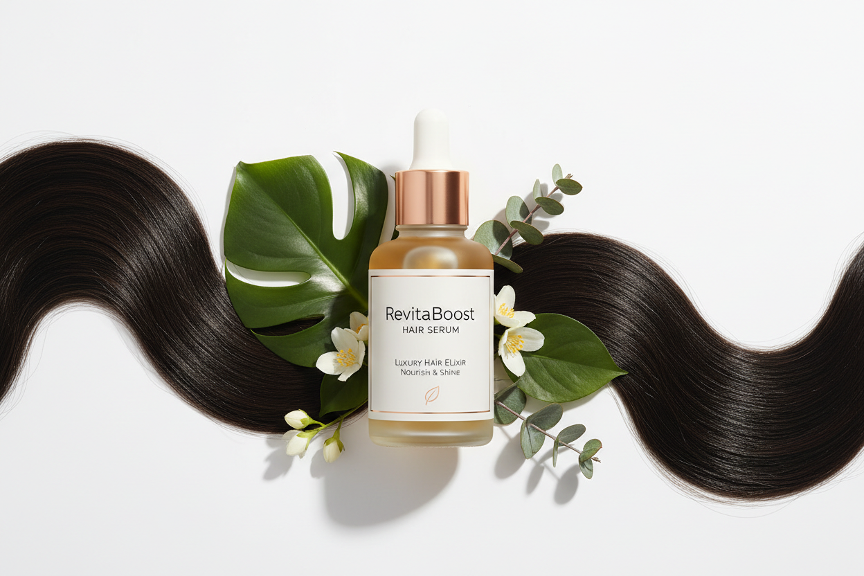 RevitaBoost Hair Serum – Strengthens and revitalizes hair from root to tip, reducing breakage and promoting healthy, shiny, manageable hair. (make it real photo)