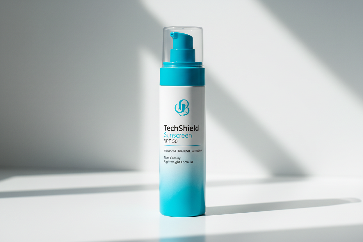 TechShield Sunscreen SPF 50 – Advanced protection against UVA and UVB rays with a non-greasy, lightweight formula that fits seamlessly into your daily routine. (make it real photo)